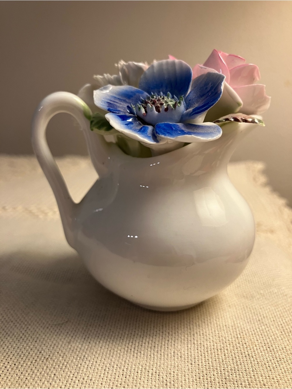Royal Doulton White Porcelain Pitcher Vase with Blue and Pink Floral Accents